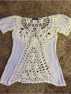 Blue Moon White Crochet Women's Blouse, Size M Boho, Festival, Concert